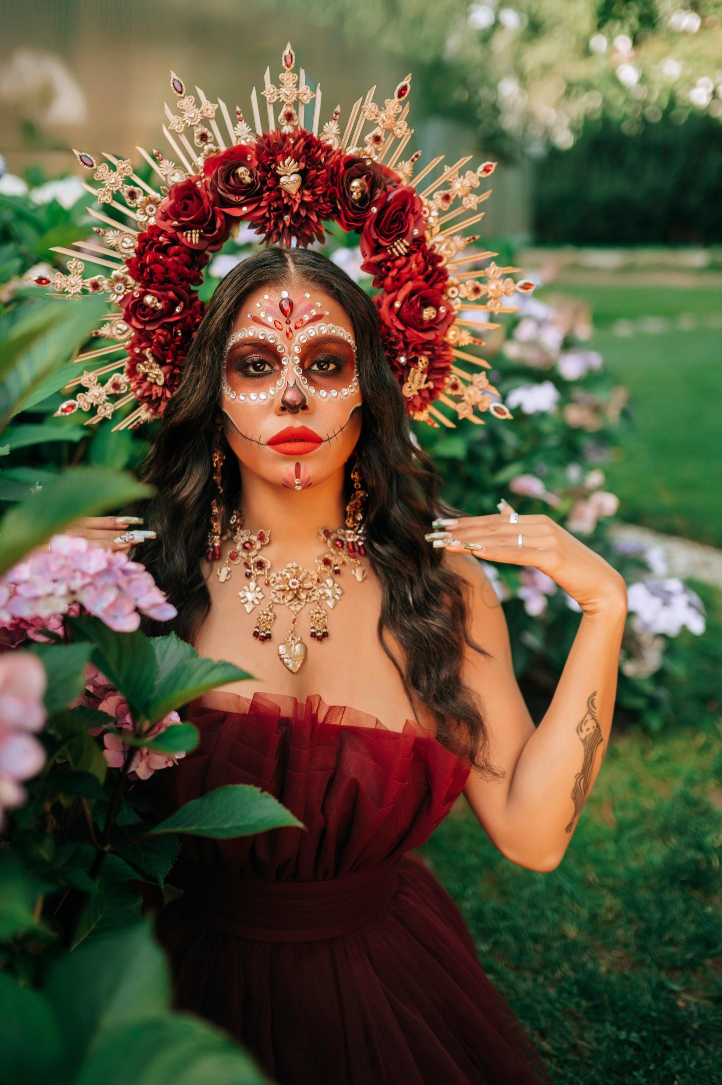 La Catrina Necklace And Crown Day Of The Dead Burgundy Halo Headpiece Sacred Heart Jewelry Gothic Costume