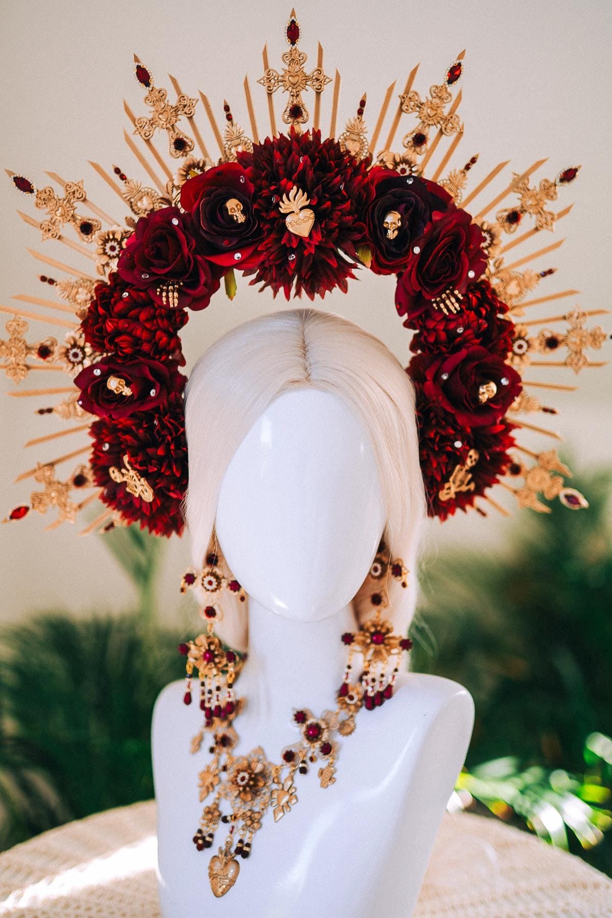 La Catrina Earrings Sacred Heart Burgundy Red Gold Halloween Jewelry Día De Los Muertos Mexican Style Statement Earrings