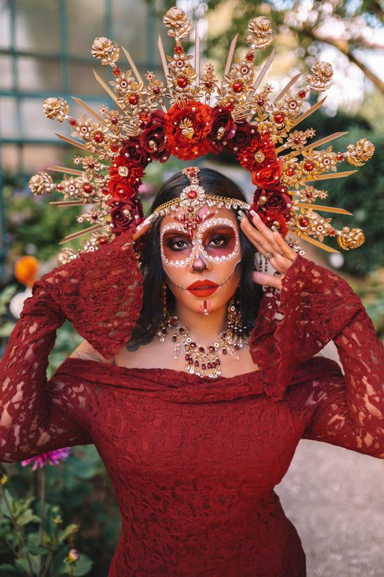 La Catrina Crown Burgundy Red Halo Crown Day Of The Dead Headpiece Mexican Costume Sacred Heart Flowers Gold Spikes Halloween Tiara