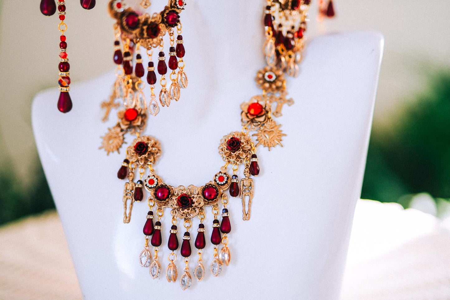 Crimson Skull Necklace Día De Muertos Statement Choker Gothic Red Roses Halloween Jewelry
