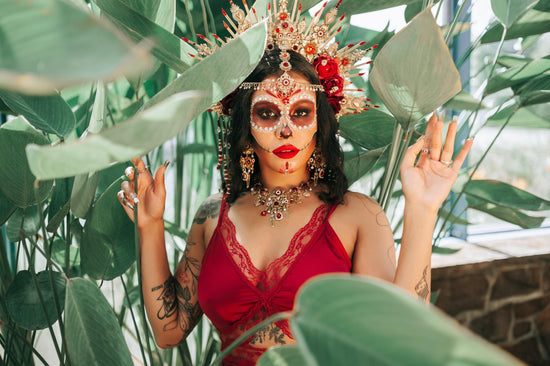 La Catrina Crown Red Gold Rose Skull Headpiece Mexican Halo Crown Dia De Los Muertos Floral Headband Festival Costume Crown