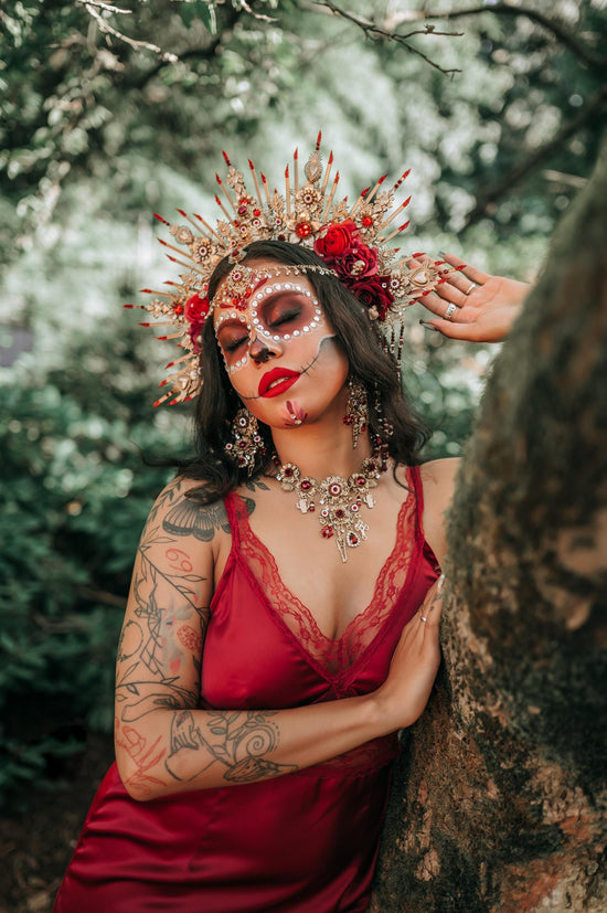 La Catrina Crown Red Gold Rose Skull Headpiece Mexican Halo Crown Dia De Los Muertos Floral Headband Festival Costume Crown
