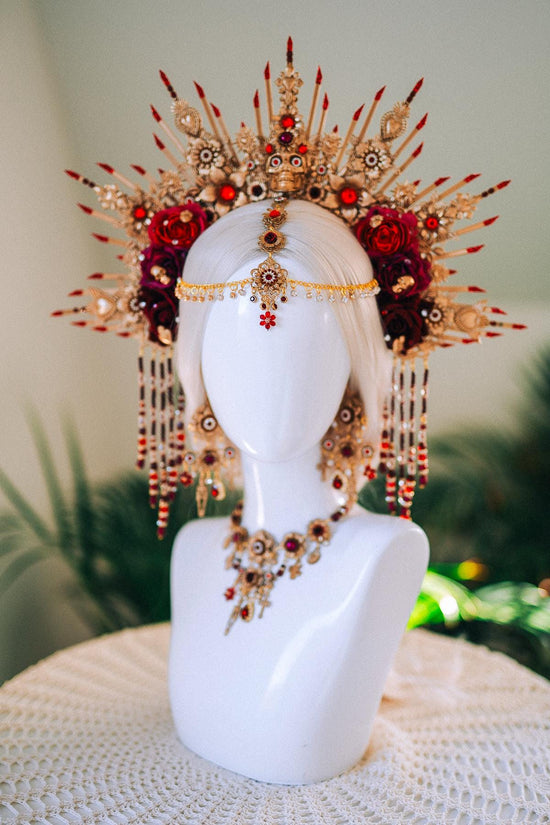 La Catrina Crown Red Gold Rose Skull Headpiece Mexican Halo Crown Dia De Los Muertos Floral Headband Festival Costume Crown