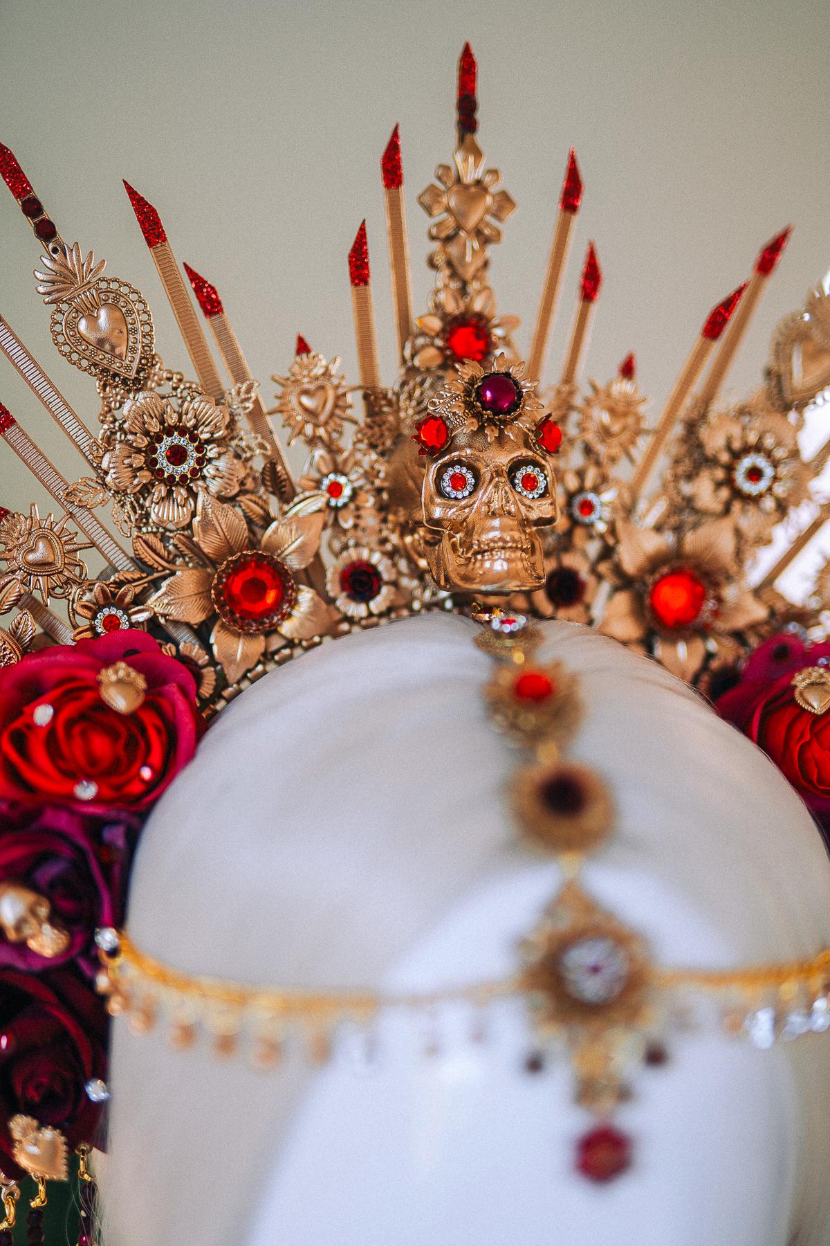 La Catrina Crown Red Gold Rose Skull Headpiece Mexican Halo Crown Dia De Los Muertos Floral Headband Festival Costume Crown