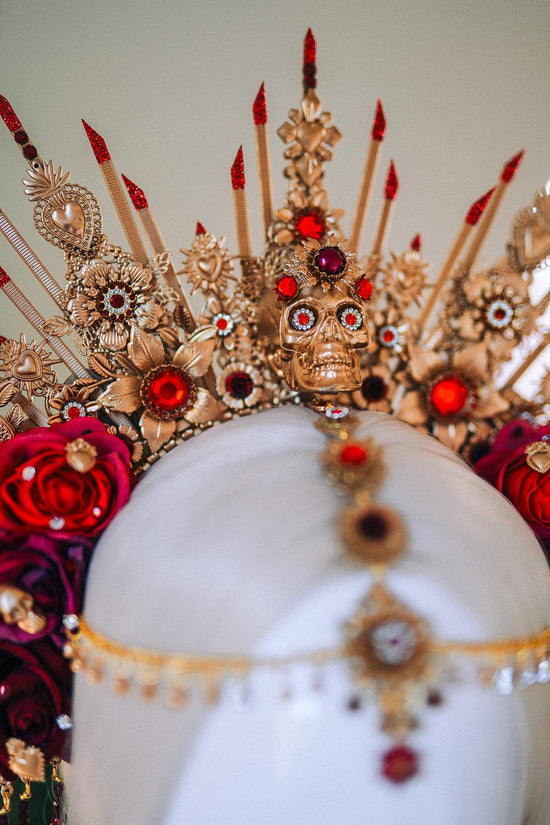 La Catrina Crown Red Gold Rose Skull Headpiece Mexican Halo Crown Dia De Los Muertos Floral Headband Festival Costume Crown