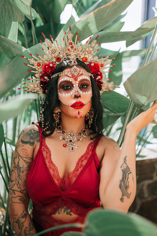 La Catrina Crown Red Gold Rose Skull Headpiece Mexican Halo Crown Dia De Los Muertos Floral Headband Festival Costume Crown