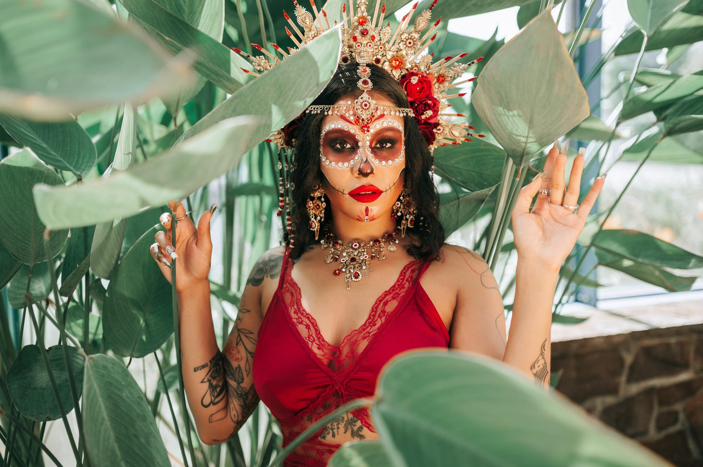 Red Gold Calavera Necklace Day Of The Dead Jewelry La Catrina Choker Sugar Skull Dia De Muertos Statement Necklace