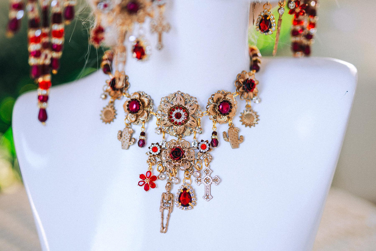 Red Gold Calavera Necklace Day Of The Dead Jewelry La Catrina Choker Sugar Skull Dia De Muertos Statement Necklace