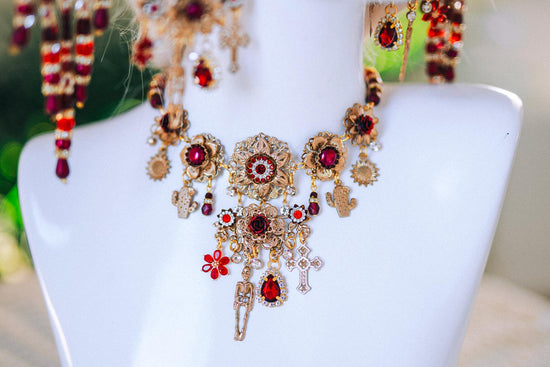 Red Gold Calavera Necklace Day Of The Dead Jewelry La Catrina Choker Sugar Skull Dia De Muertos Statement Necklace