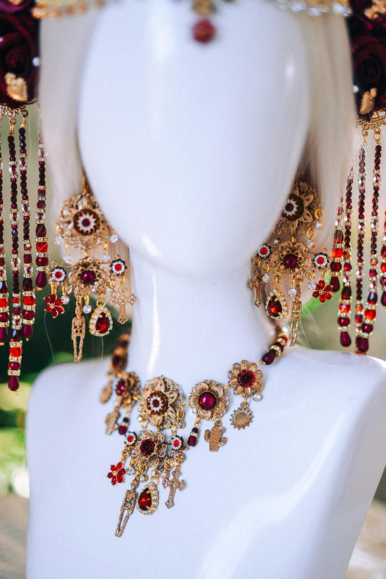 Red Gold Calavera Necklace Day Of The Dead Jewelry La Catrina Choker Sugar Skull Dia De Muertos Statement Necklace