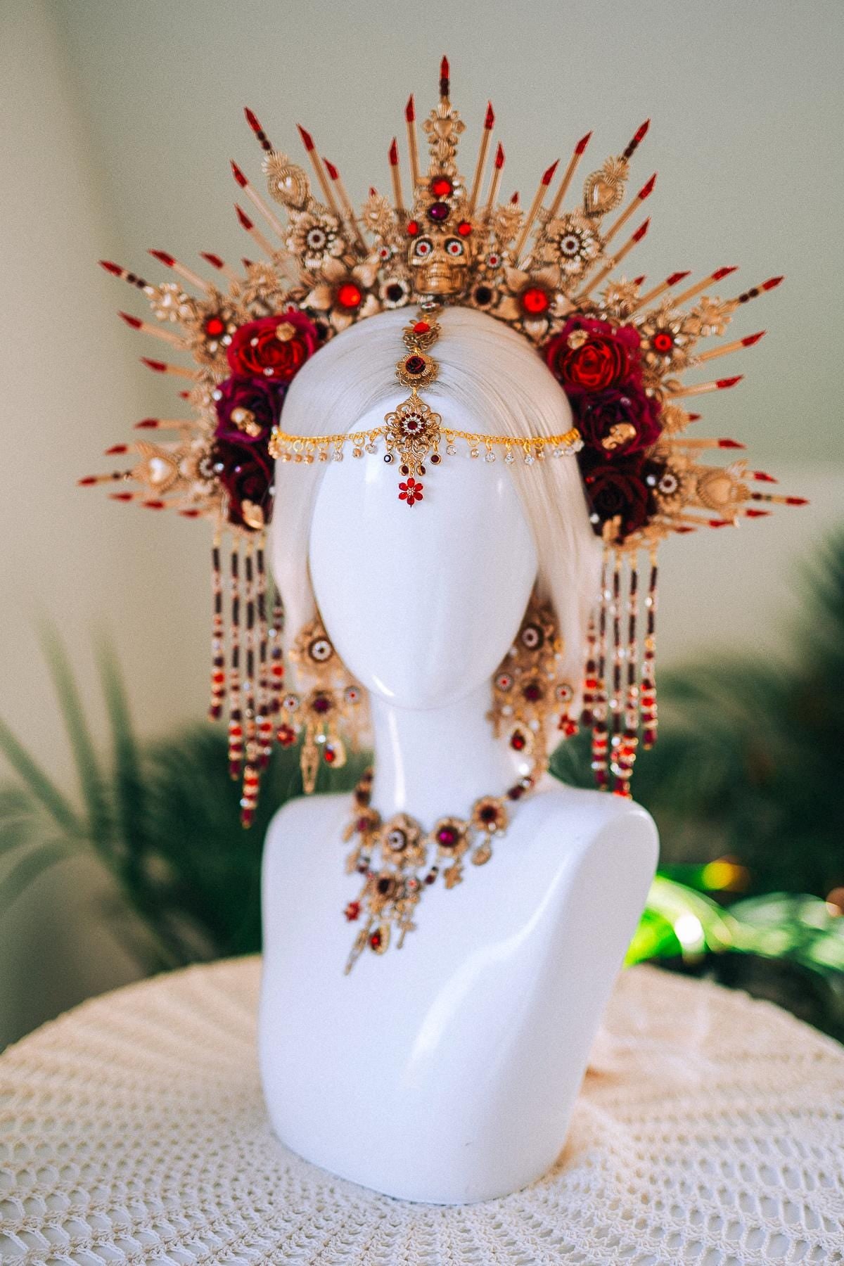 Red Gold Calavera Necklace Day Of The Dead Jewelry La Catrina Choker Sugar Skull Dia De Muertos Statement Necklace