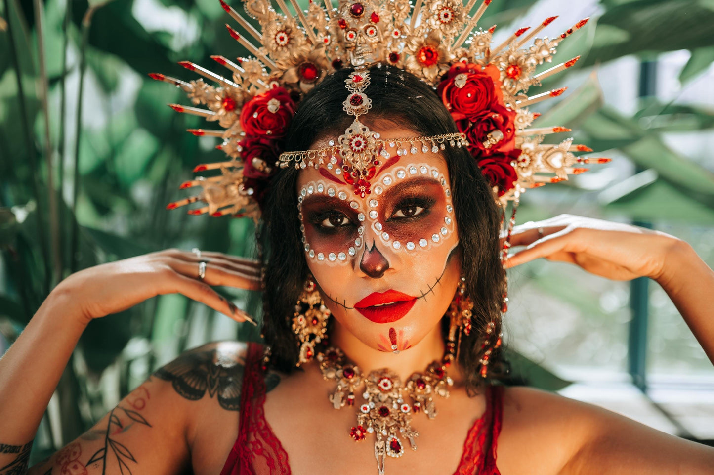 La Catrina Earrings Red Rose Skull Earrings Dia De Los Muertos Jewelry Mexican Festival Earrings Handmade Statement Boho Gothic Jewelry