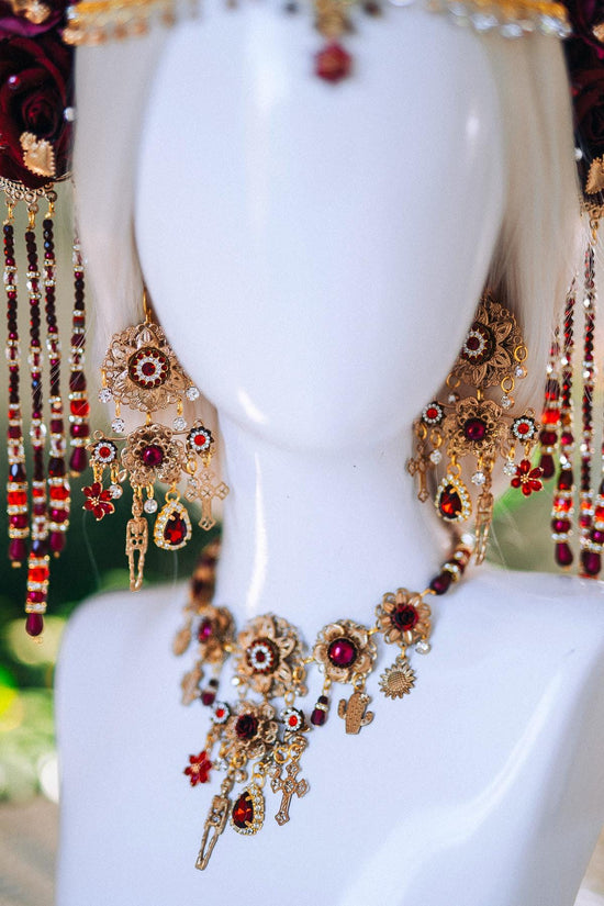 La Catrina Earrings Red Rose Skull Earrings Dia De Los Muertos Jewelry Mexican Festival Earrings Handmade Statement Boho Gothic Jewelry