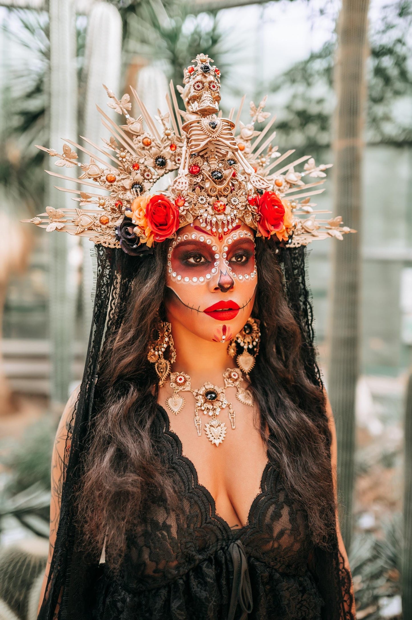 La Catrina Skeleton Halo Crown Gold Red Black Lace Flowers Day Of The Dead Costume Headpiece Dia De Los Muertos Crown