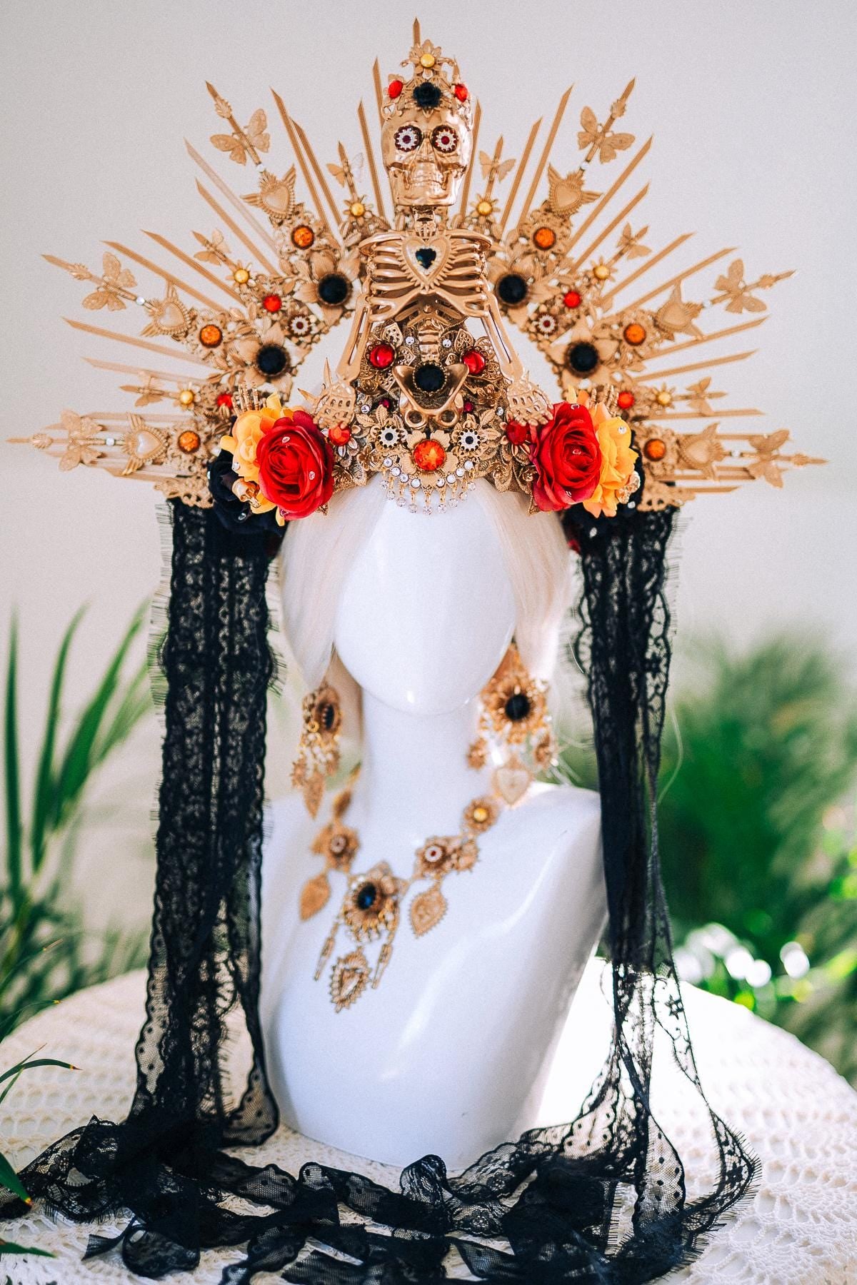 La Catrina Skeleton Halo Crown Gold Red Black Lace Flowers Day Of The Dead Costume Headpiece Dia De Los Muertos Crown