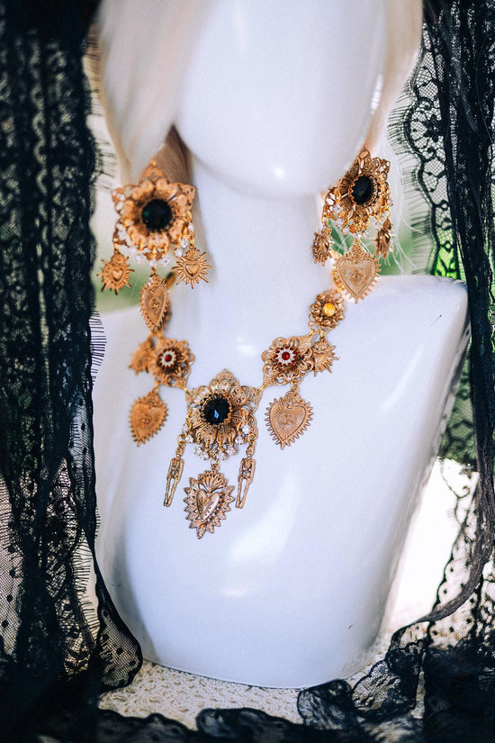 La Catrina Sacred Earrings Mexican Sugar Skull Jewelry Dia De Los Muertos Gold Black Floral Statement Festival Accessory