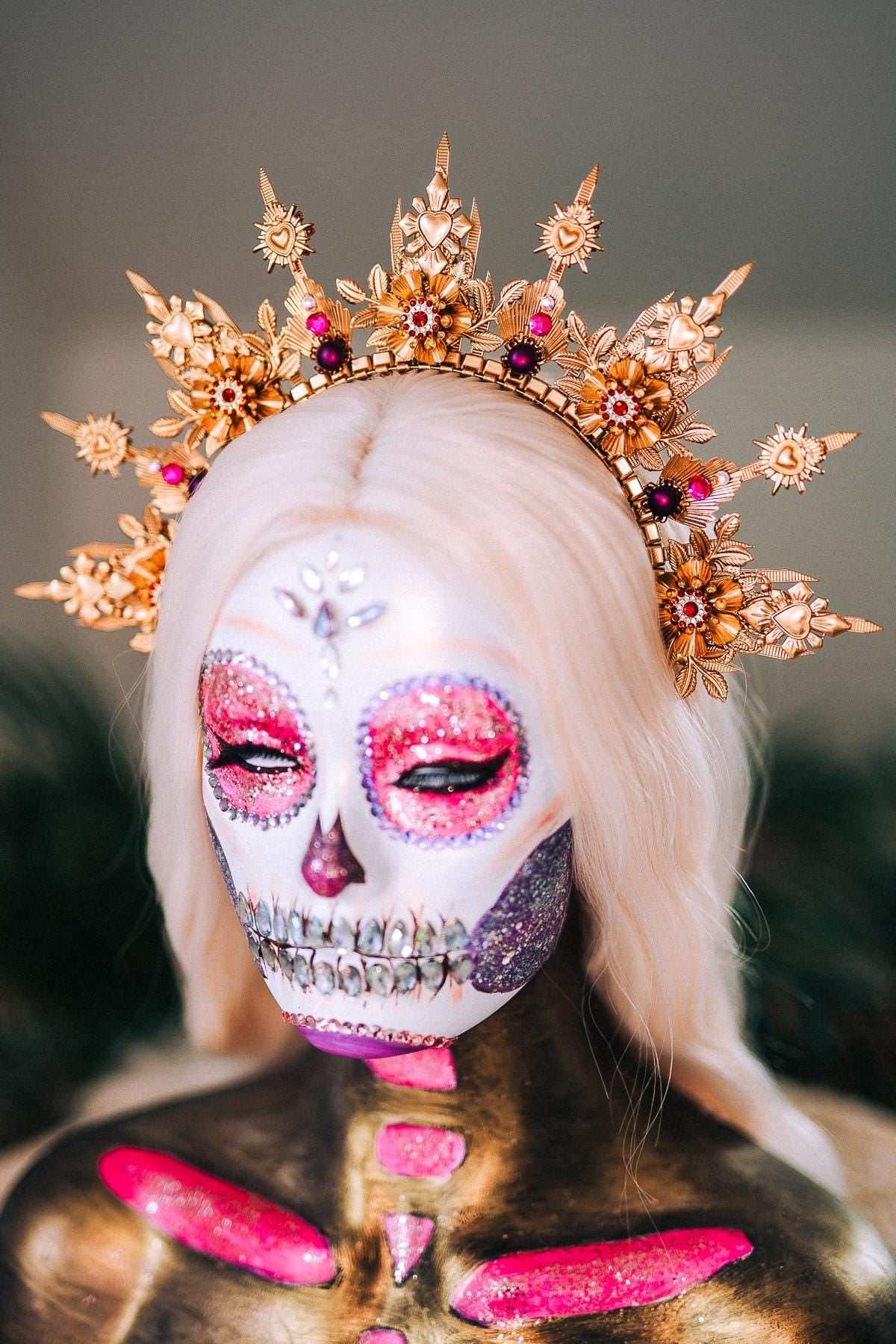La Catrina Halo Crown Gold Headpiece Mexican Crown Dia De Los Muertos Crown Sugar Skull Headpiece Festival Costume Tiara