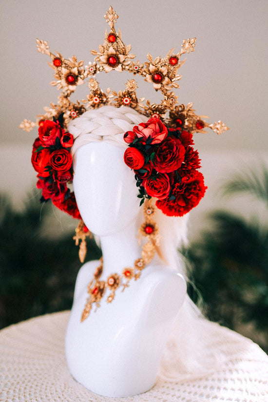 La Catrina Crown Red Gold Rose Skull Headpiece Mexican Halo Crown Dia De Los Muertos Floral Headband Festival Costume Crown