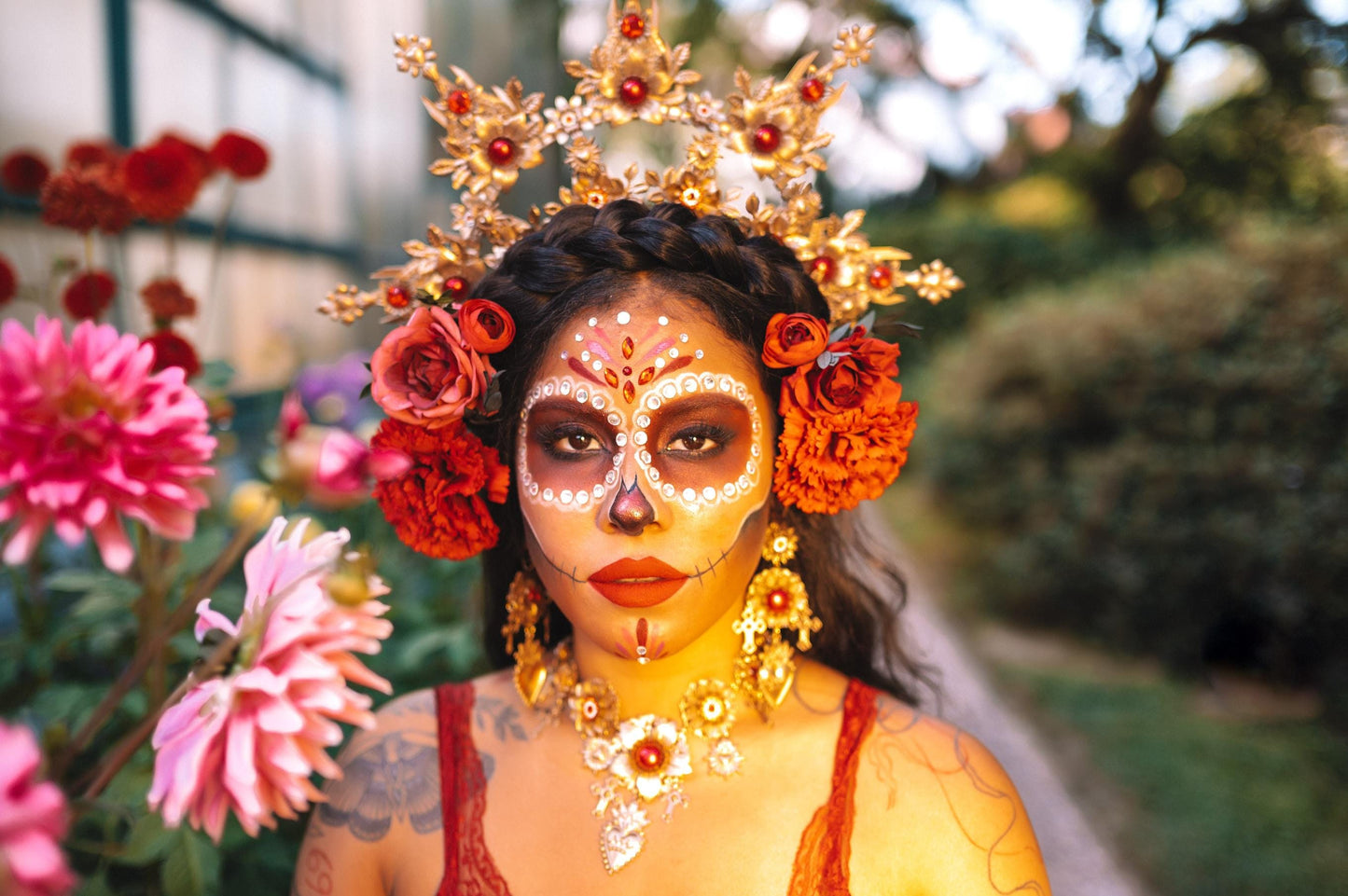 La Catrina Necklace Gold Sacred Heart Jewelry Día De Los Muertos Statement Mexican Calavera Festival Choker Frida Skeleton Style