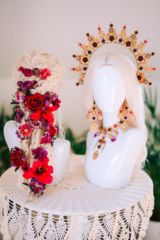 Golden Flower Halo Crown Red Roses Purple Jewels Headpiece Mexican Costume Carnival Tiara Festival Crown Dia de los Muertos Headband