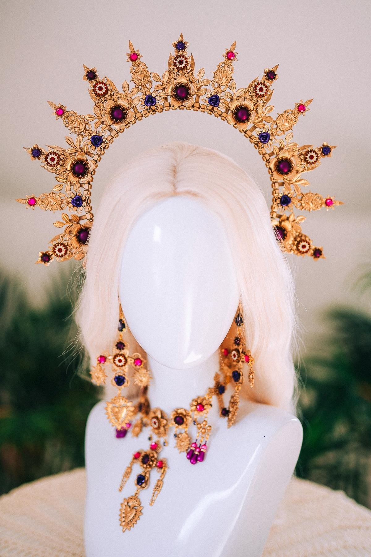 La Catrina Fuchsia Gold Necklace Halo Crown Gothic Jewelry Day Of The Dead Costume Mexican Style Festival Outfit Statement Choker