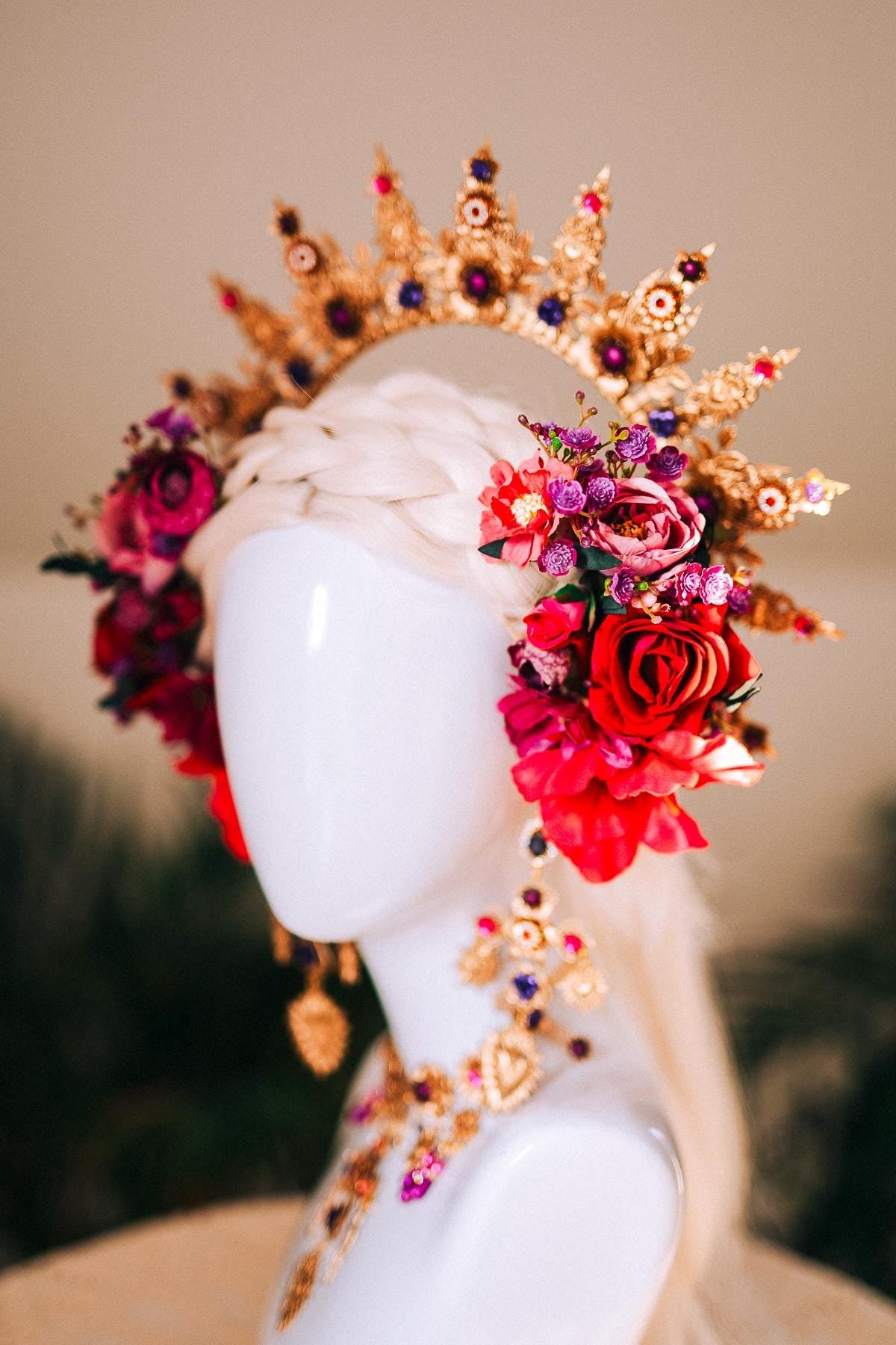 Golden Flower Halo Crown Red Roses Purple Jewels Headpiece Mexican Costume Carnival Tiara Festival Crown Dia de los Muertos Headband