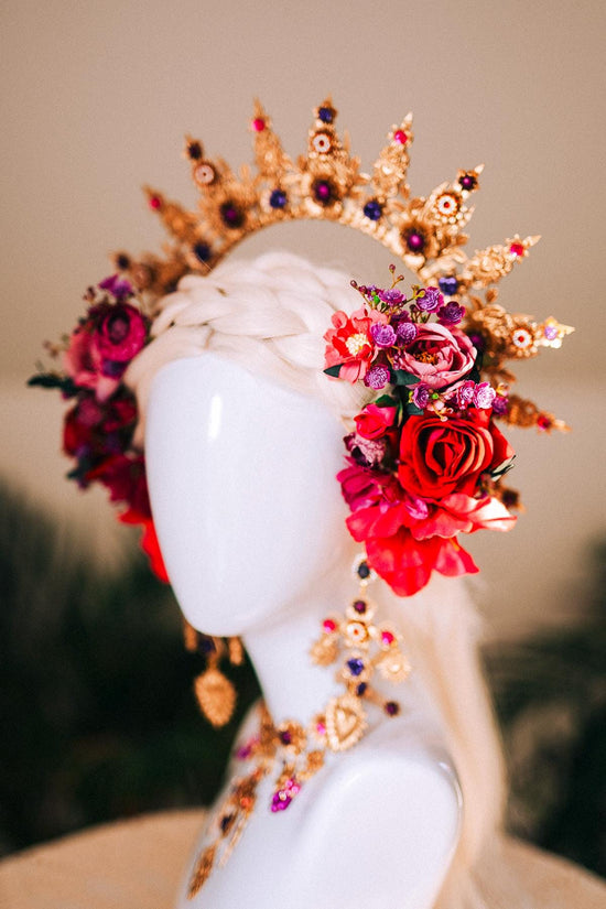 Golden Flower Halo Crown Red Roses Purple Jewels Headpiece Mexican Costume Carnival Tiara Festival Crown Dia de los Muertos Headband
