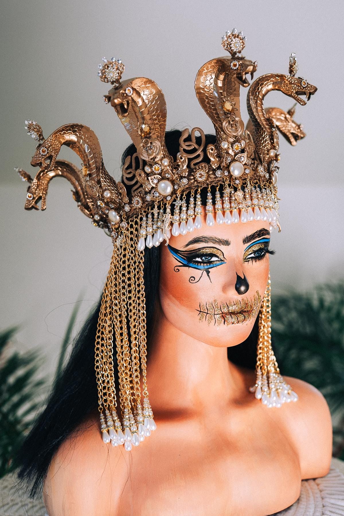 Cleopatra Cobra Crown Gold Egyptian Headpiece Halloween Tiara Festival Pearl Headdress Snake Costume Queen Tiara Royal Goddess Carnival
