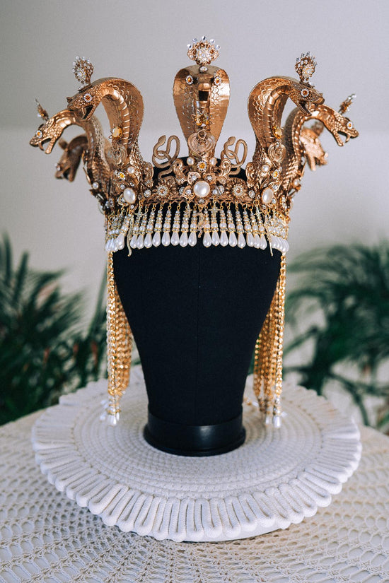Cleopatra Cobra Crown Gold Egyptian Headpiece Halloween Tiara Festival Pearl Headdress Snake Costume Queen Tiara Royal Goddess Carnival