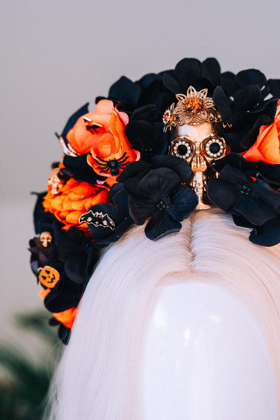Halloween Skull Crown Black Orange Roses Gothic Flower Headpiece Pumpkin Bat Spider Costume Dia De Los Muertos Accessories