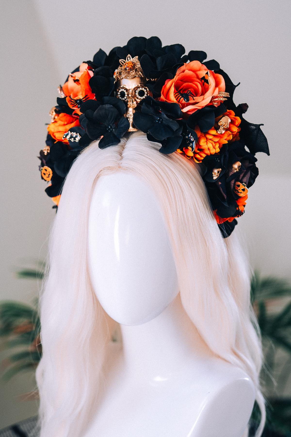 Halloween Skull Crown Black Orange Roses Gothic Flower Headpiece Pumpkin Bat Spider Costume Dia De Los Muertos Accessories