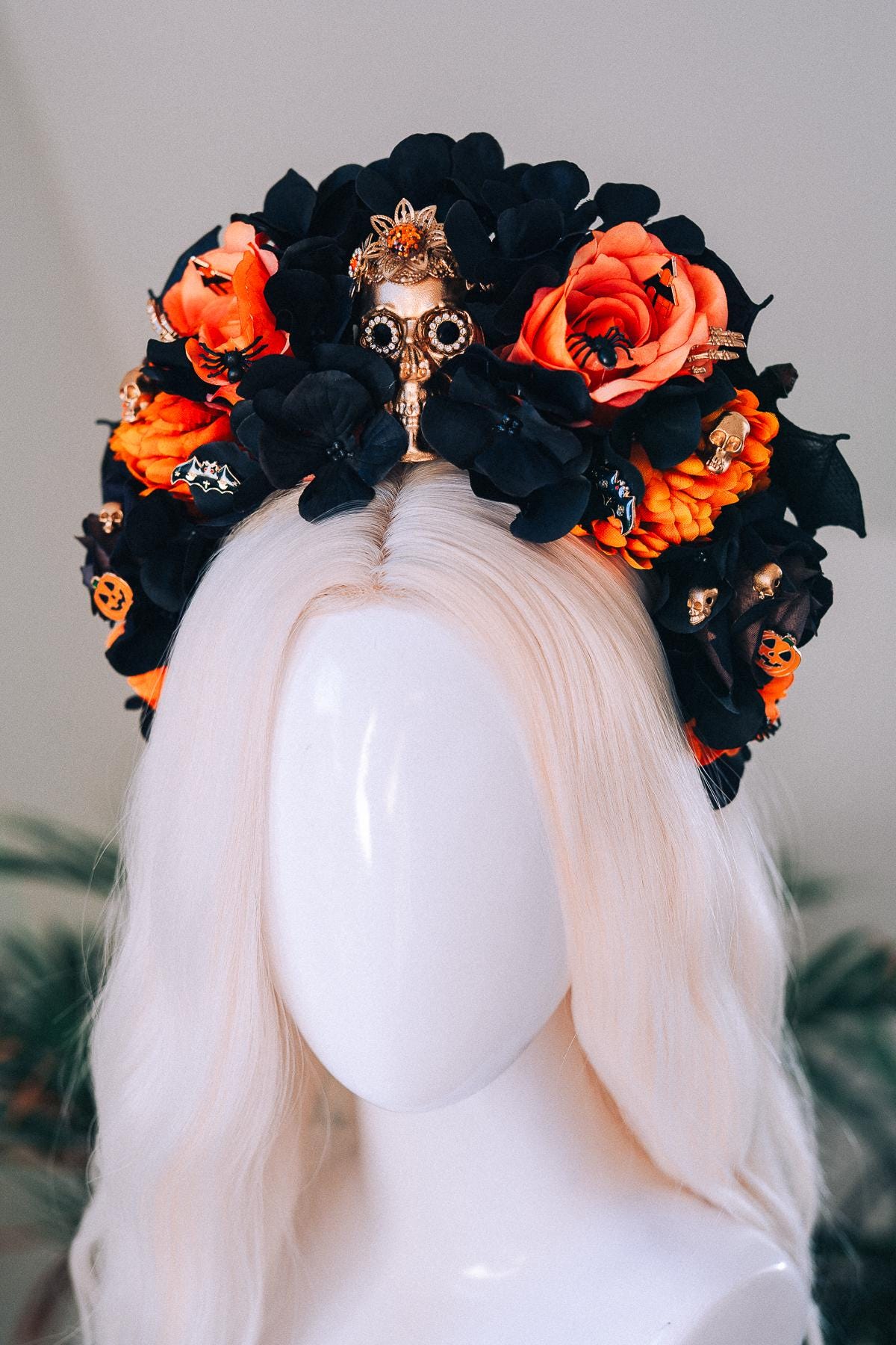 Halloween Skull Crown Black Orange Roses Gothic Flower Headpiece Pumpkin Bat Spider Costume Dia De Los Muertos Accessories
