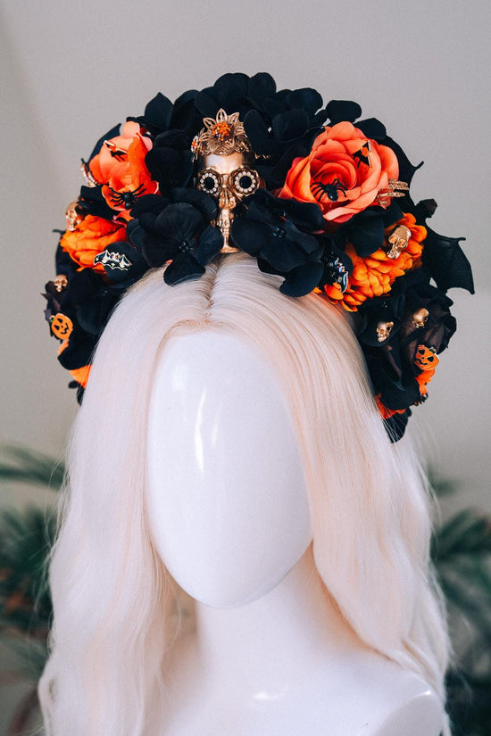 Halloween Skull Crown Black Orange Roses Gothic Flower Headpiece Pumpkin Bat Spider Costume Dia De Los Muertos Accessories