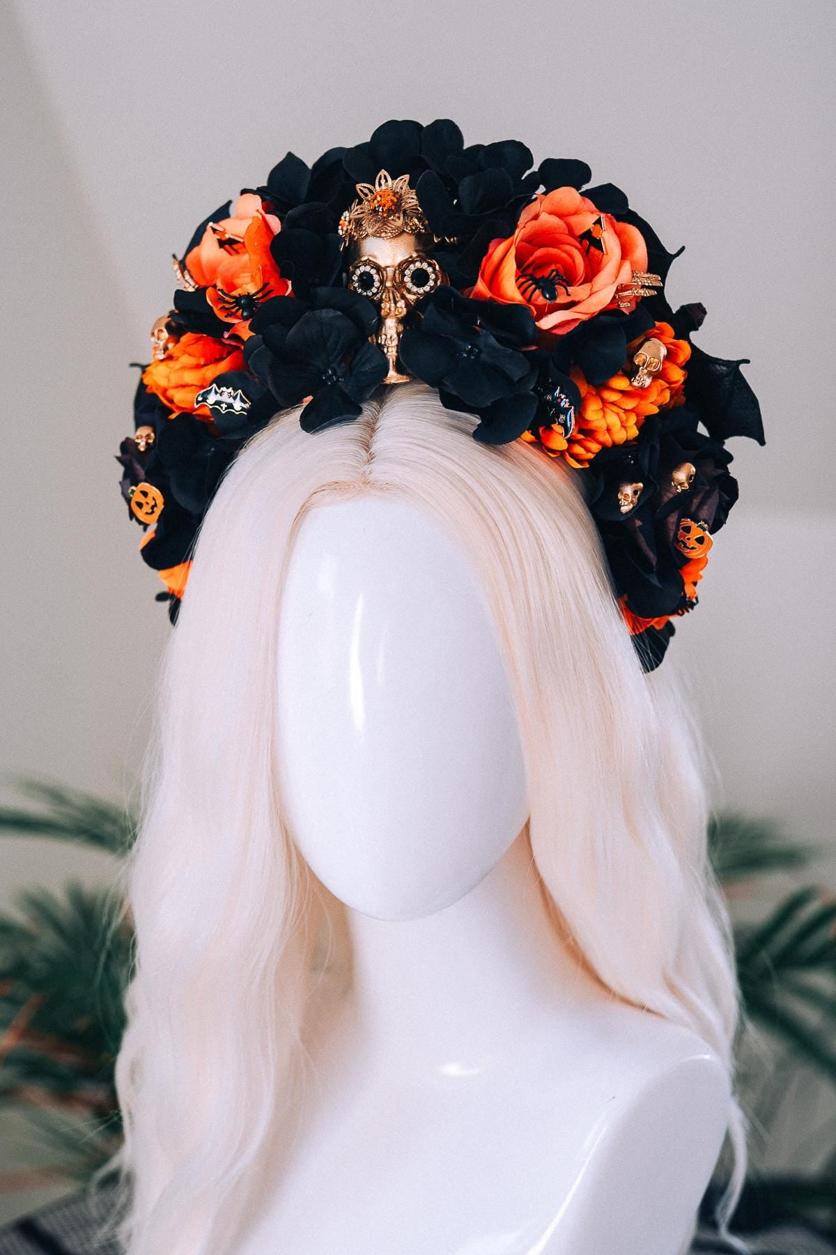 Halloween Skull Crown Black Orange Roses Gothic Flower Headpiece Pumpkin Bat Spider Costume Dia De Los Muertos Accessories