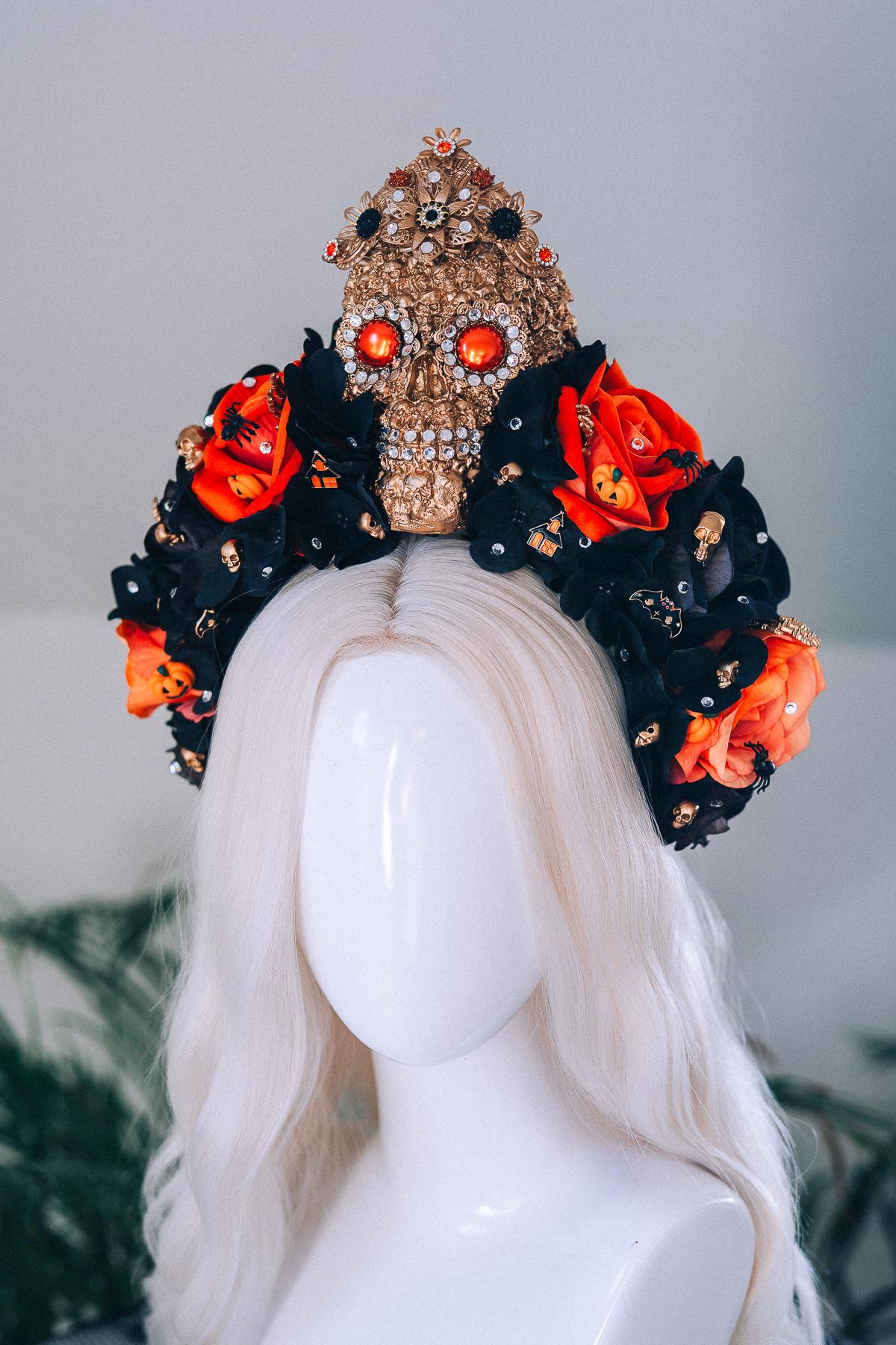 SALE Halloween Skull Crown Black Orange Roses Gothic Headpiece Crystal Skull Costume Spooky Pumpkin Bat Spider Witch Accessories