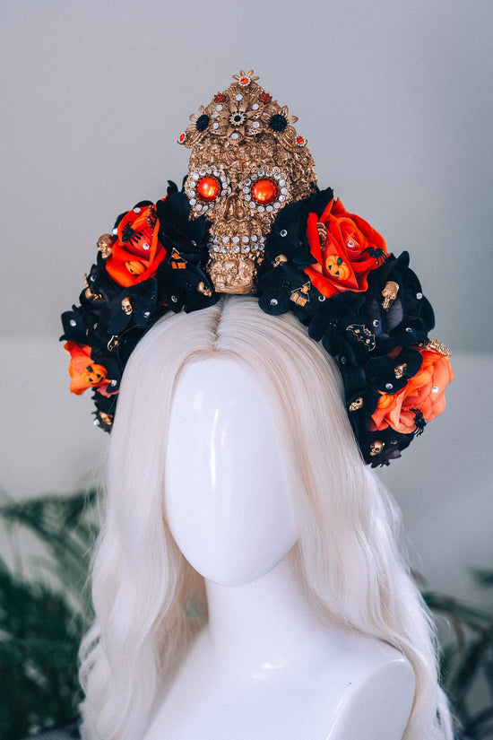 SALE Halloween Skull Crown Black Orange Roses Gothic Headpiece Crystal Skull Costume Spooky Pumpkin Bat Spider Witch Accessories