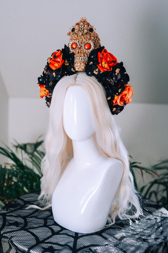 SALE Halloween Skull Crown Black Orange Roses Gothic Headpiece Crystal Skull Costume Spooky Pumpkin Bat Spider Witch Accessories