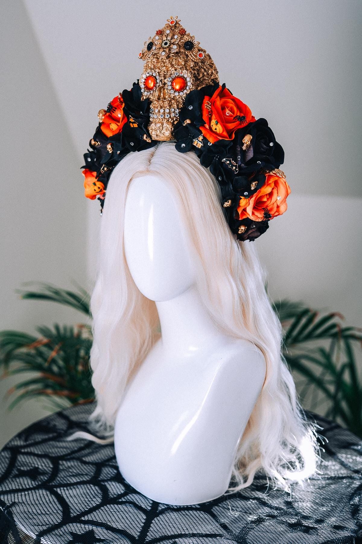 SALE Halloween Skull Crown Black Orange Roses Gothic Headpiece Crystal Skull Costume Spooky Pumpkin Bat Spider Witch Accessories