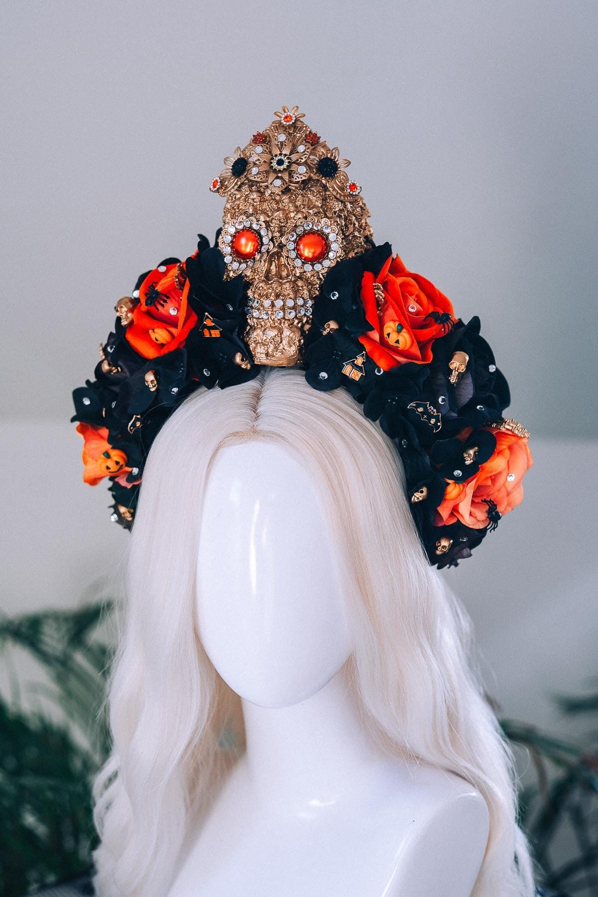 SALE Halloween Skull Crown Black Orange Roses Gothic Headpiece Crystal Skull Costume Spooky Pumpkin Bat Spider Witch Accessories