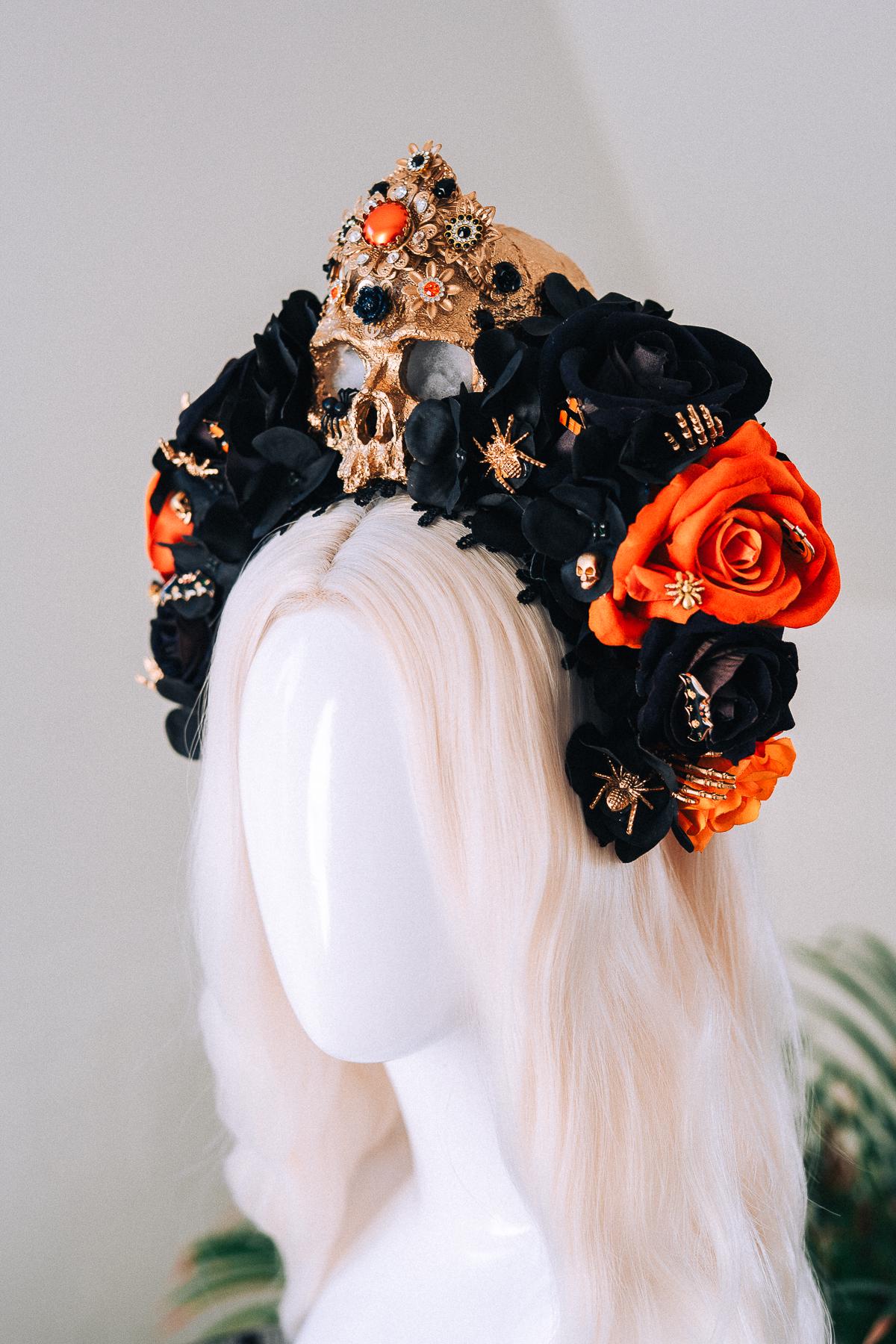 Light Up Halloween Skull Crown Black Orange Roses Gothic Headpiece Glowing Skull Crown Spooky Witch Costume Halloween Parade