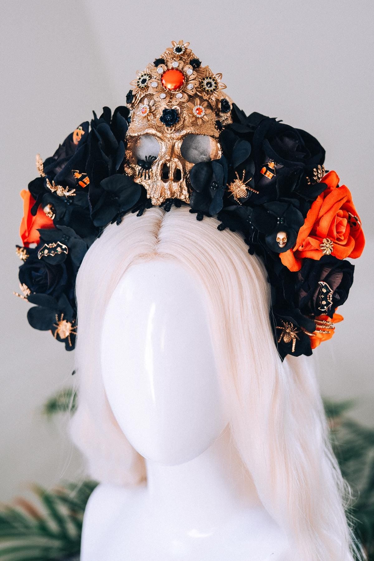 Light Up Halloween Skull Crown Black Orange Roses Gothic Headpiece Glowing Skull Crown Spooky Witch Costume Halloween Parade