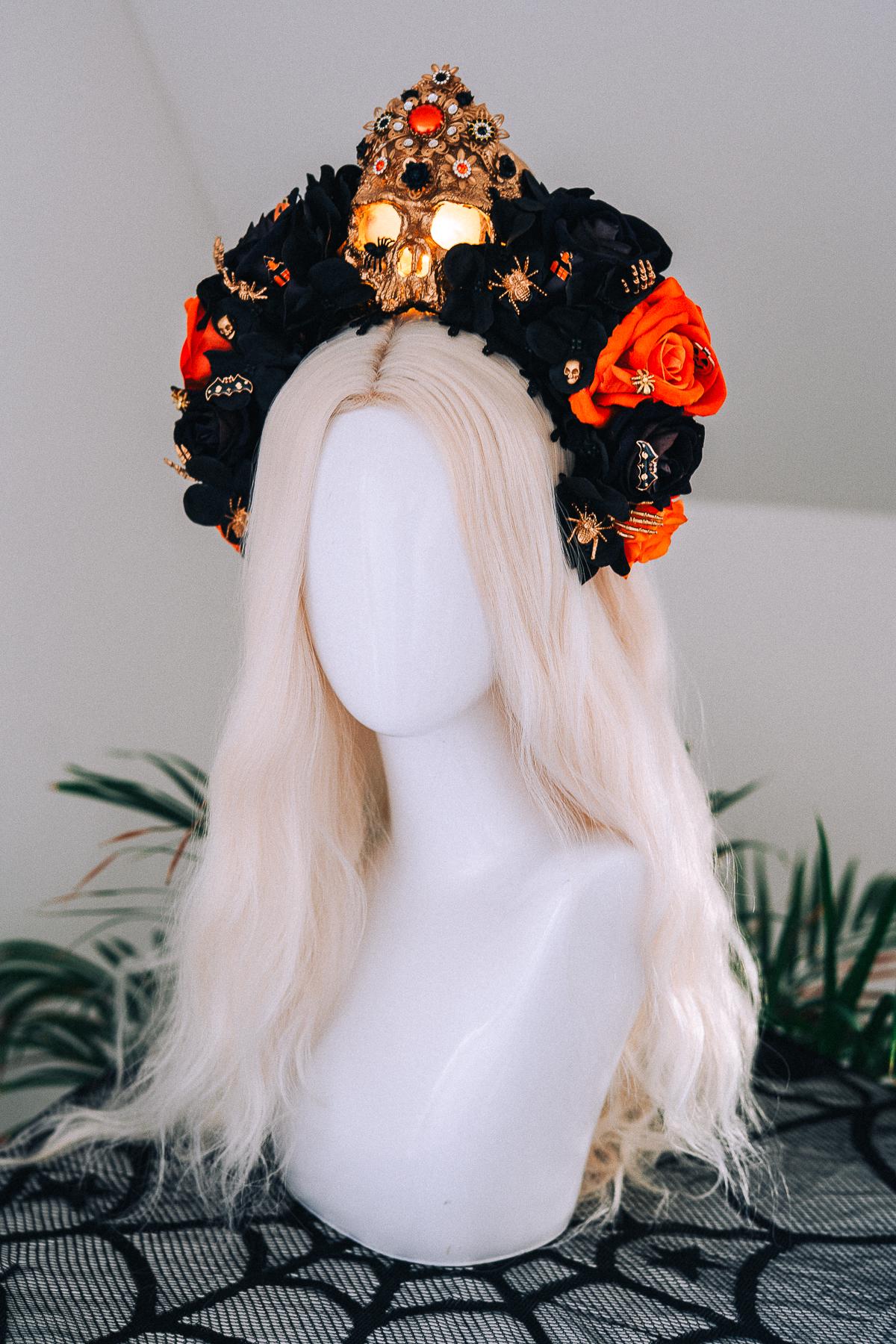 Light Up Halloween Skull Crown Black Orange Roses Gothic Headpiece Glowing Skull Crown Spooky Witch Costume Halloween Parade