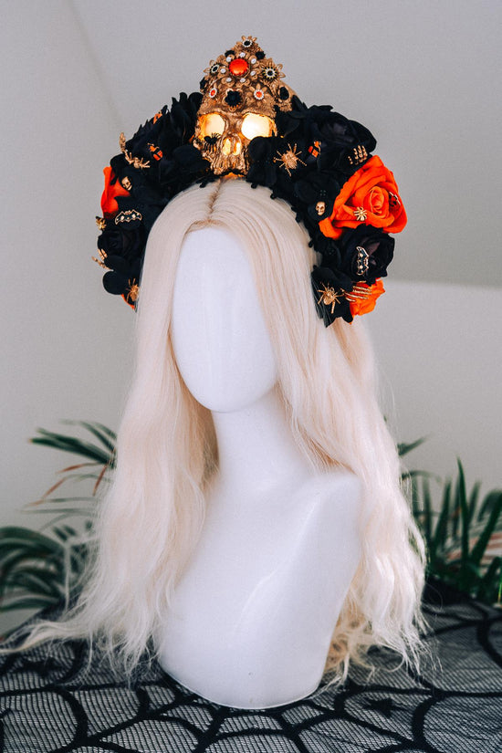 Light Up Halloween Skull Crown Black Orange Roses Gothic Headpiece Glowing Skull Crown Spooky Witch Costume Halloween Parade