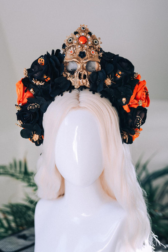 Light Up Halloween Skull Crown Black Orange Roses Gothic Headpiece Glowing Skull Crown Spooky Witch Costume Halloween Parade