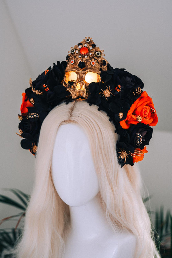 Light Up Halloween Skull Crown Black Orange Roses Gothic Headpiece Glowing Skull Crown Spooky Witch Costume Halloween Parade