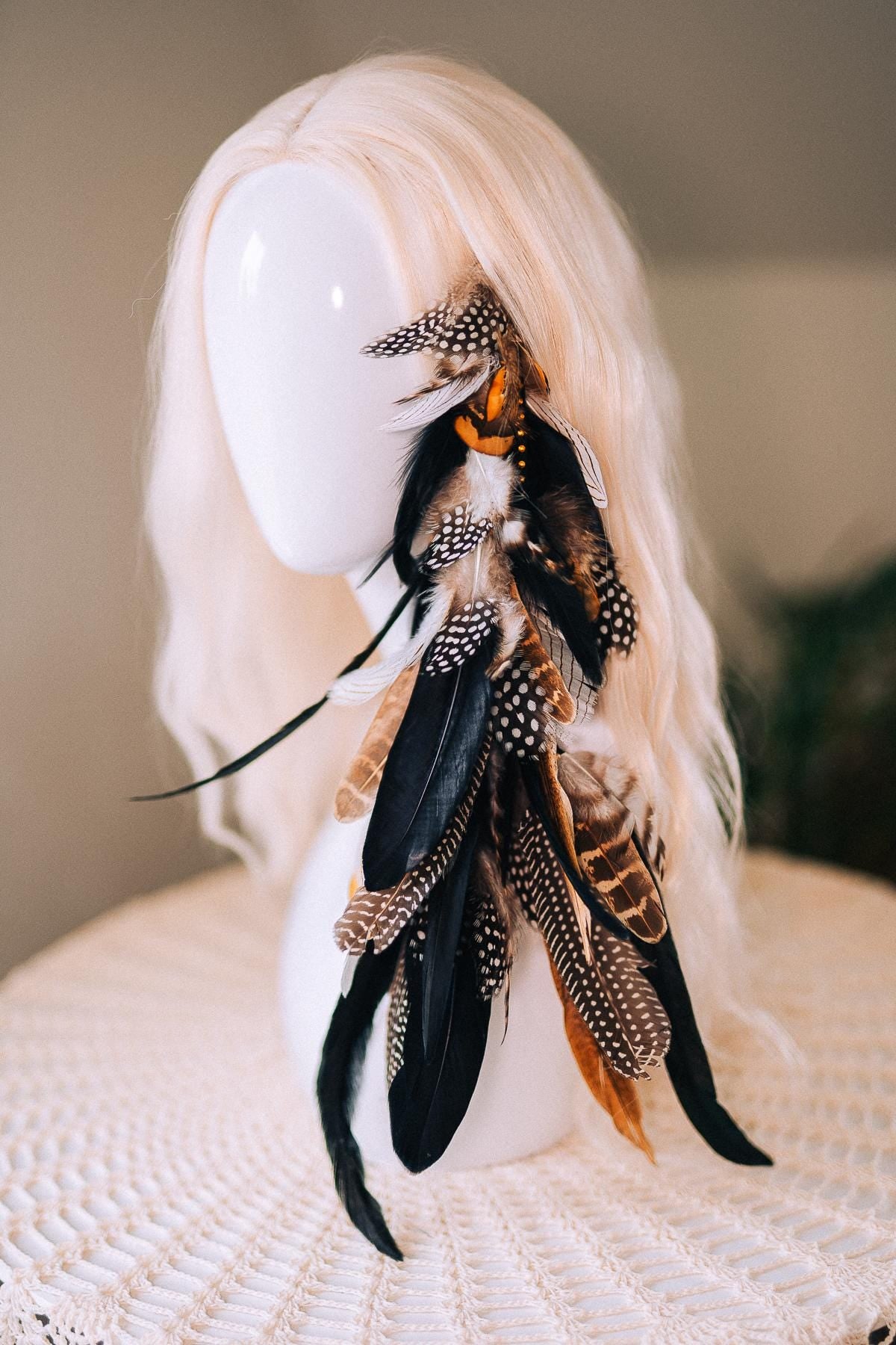 Black and White Feather Hair Clip, Natural Boho Festival Hairpiece, Handmade Carnival Hair Accessory, Statement Costume Hair Clip