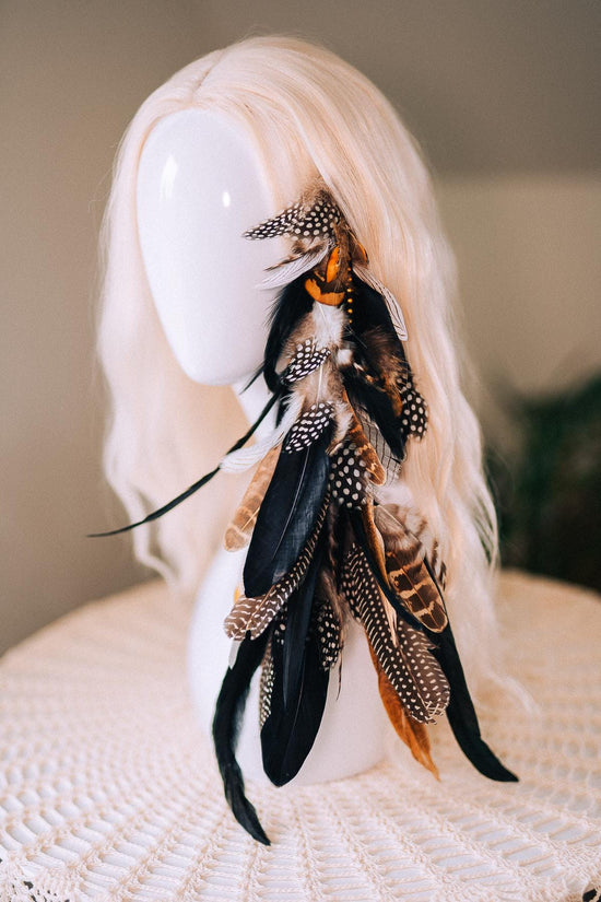 Black and White Feather Hair Clip, Natural Boho Festival Hairpiece, Handmade Carnival Hair Accessory, Statement Costume Hair Clip