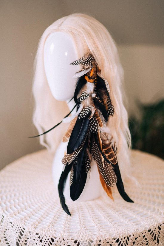 Black and White Feather Hair Clip, Natural Boho Festival Hairpiece, Handmade Carnival Hair Accessory, Statement Costume Hair Clip