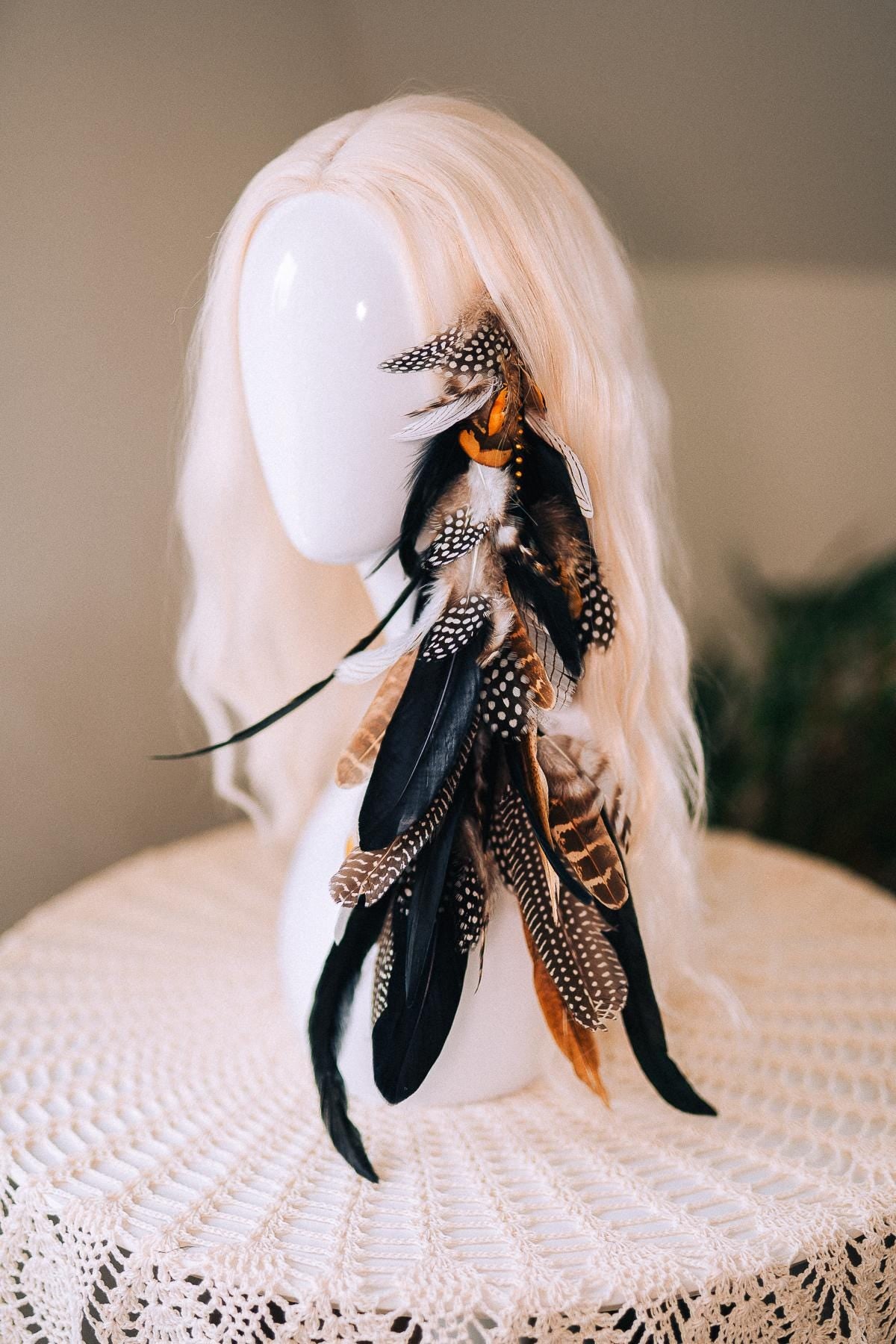 Black and White Feather Hair Clip, Natural Boho Festival Hairpiece, Handmade Carnival Hair Accessory, Statement Costume Hair Clip