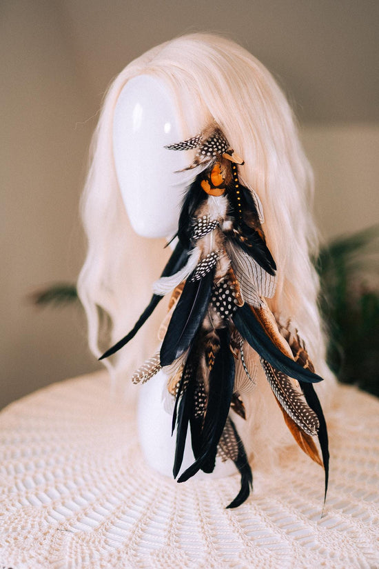 Black and White Feather Hair Clip, Natural Boho Festival Hairpiece, Handmade Carnival Hair Accessory, Statement Costume Hair Clip